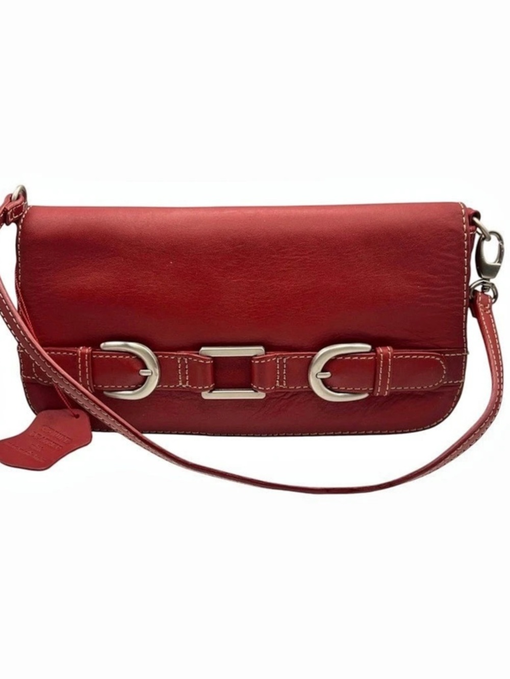 Vintage Covington Red Leather Baguette Bag Chunky Silver Triple Buckl